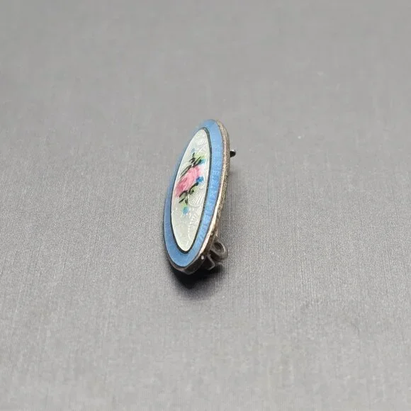 Antique Sterling Silver Guilloche Enamel Rose Brooch 1 1/8" Edwardian Blue Pink - Picture 2 of 10